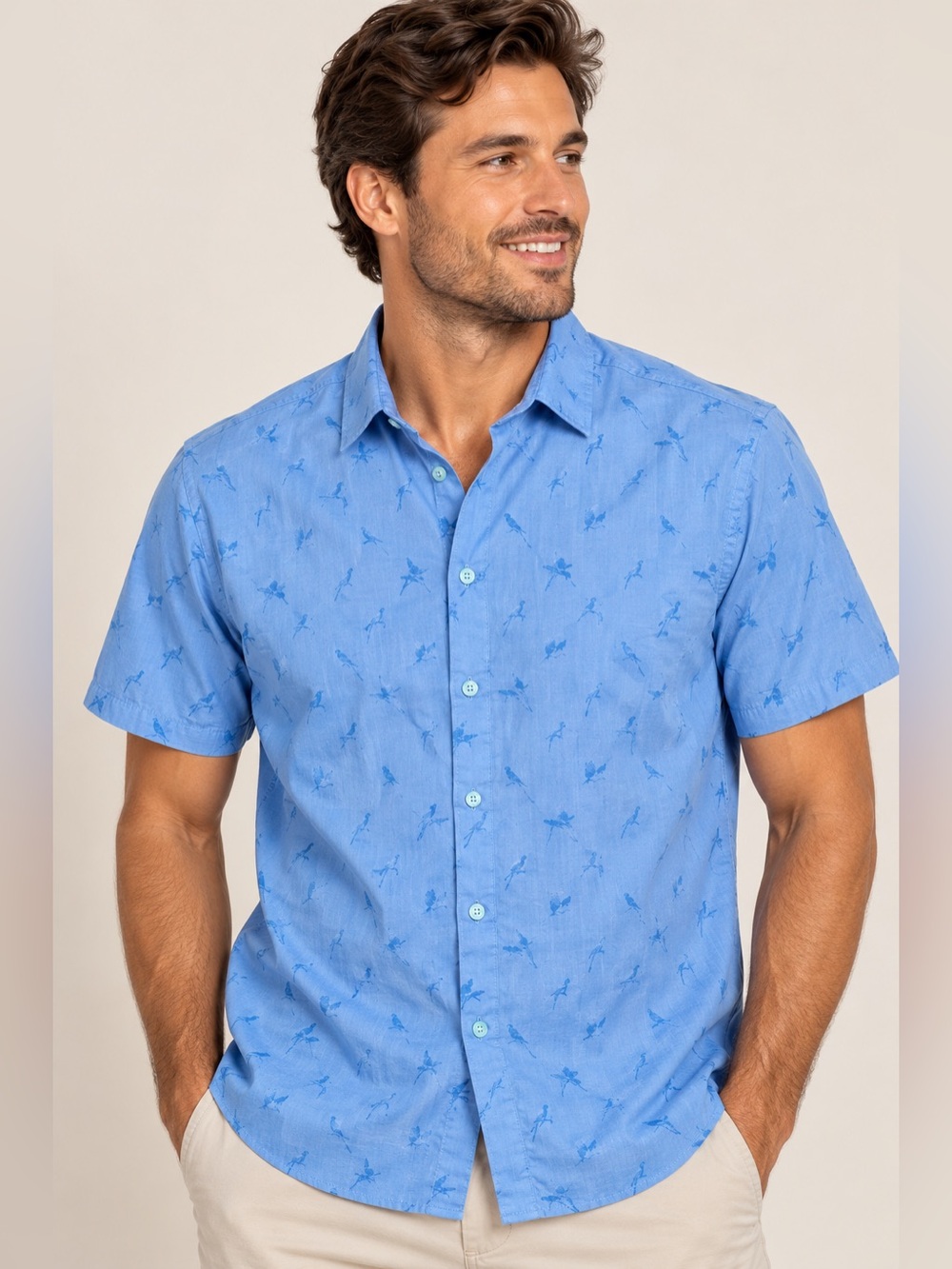 Tori Richard Men’s Blue Bird Print Short Sleeve Button Up Shirt